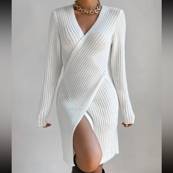 Classic Ribbed Knit Crossover Sweater Dress White - Picture 3 of 6